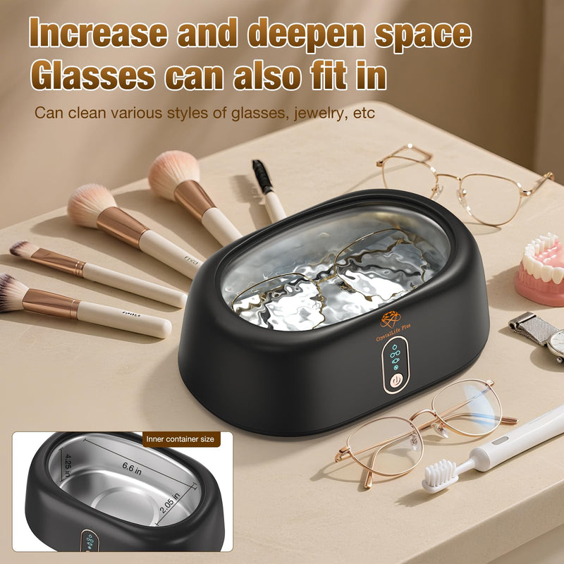 Ultrasonic Cleaner - 45KHz Ultrasonic Cleaner Machine for All Jewelry, Eyeglasses, Watch Straps, Retainer, Dentures. 16oz 304 Stainless Steel Tank with 4 Cleaning Modes, Gift for Wife,Mom,Daughter Black