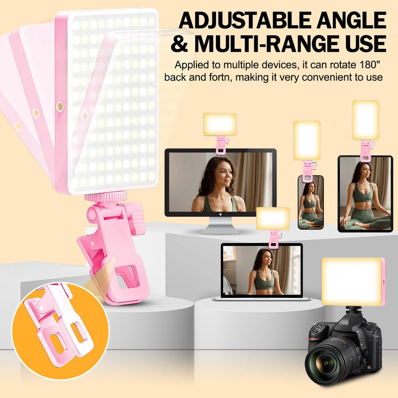 120 LED Selfie Light for iPhone, Portable Phone Light with Clip & Camera Tripod Adapter - 5000mAh Rechargeable, 3 Lighting Modes, CRI 97+ for Video Recording, TikTok, Tripod Mount Rings Pink