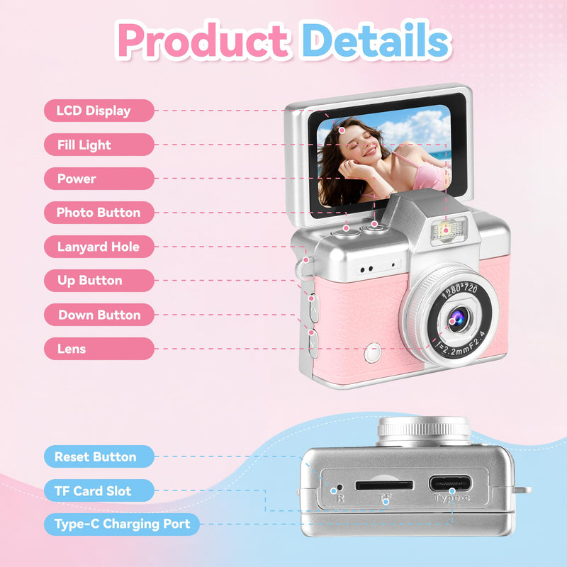 Mini Flip Screen Digital Camera, 1.47 Inch Pocket Retro Camera with USB-C Charging, 1080P/720P Video, MicroSD Support Up to 128GB, Portable Keychain Camera (Pink) Pink