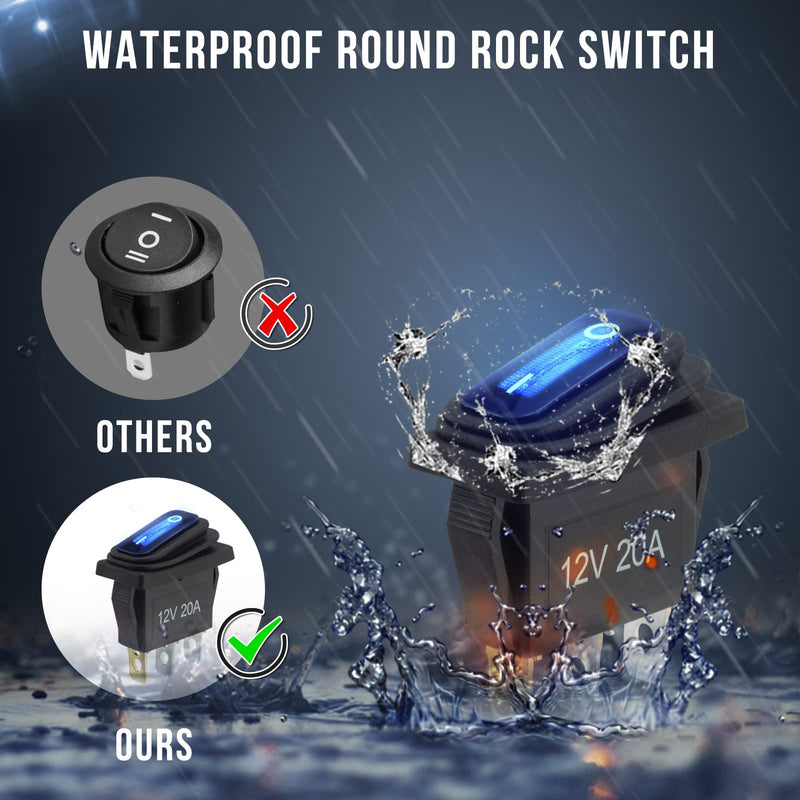 12v Rocker Switch Waterproof 5 PCS - 12 Volt Toggle Switch with 3 20cm Detachable Wires, SPST 3 Pin On Off Switches Snap-in Design Square Switch with Blue LED Light for Car Boat Marine RV Truck KCD3