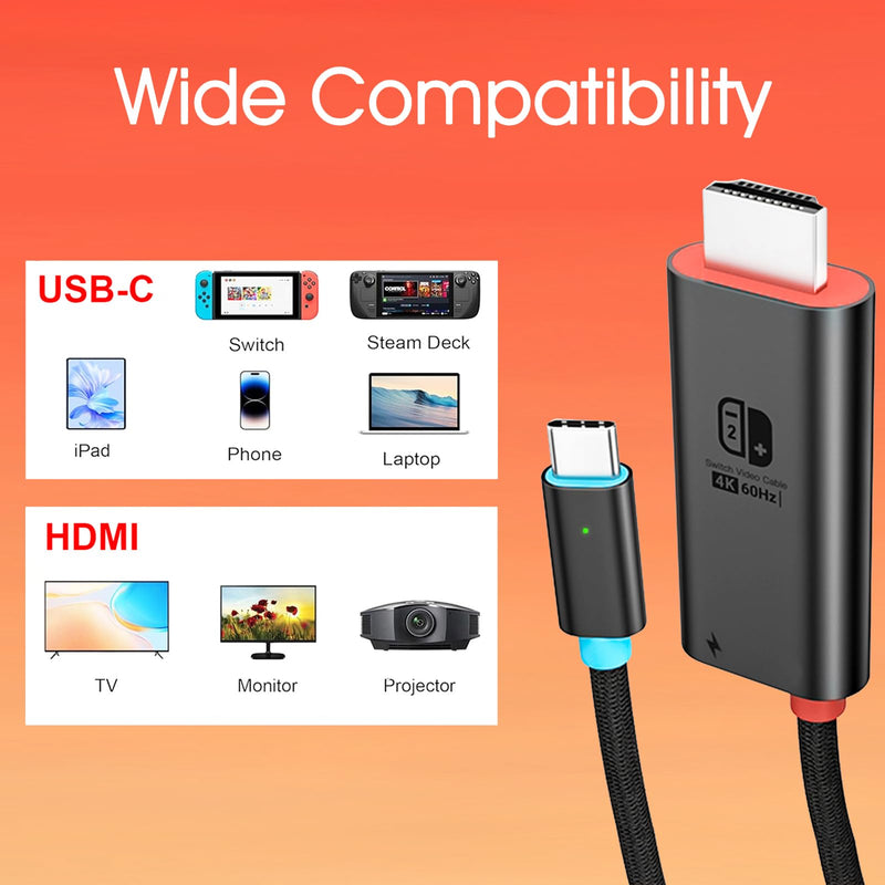 USB C to HDMI Cable Adapter for Switch 2 Dock Station, 4K@60Hz HDR, 6.6ft PD3.0 100W, Portable Travel TV Dock Connector Compatible with Nintendo Switch 2 (V22+)/2017/OLED, Steam Deck, ROG Ally