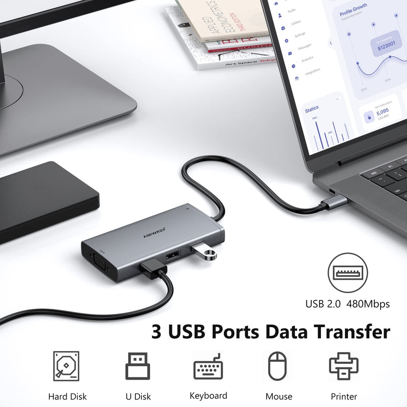 USB C Docking Station Dual Monitor Computer Multiple Monitor Hub Adapter | Laptop Docking Station to Dual 4K HDMI,DisplayPort,VGA, 00W PD,3 USB for HP Dell Lenovo Thinkpad Surface Windows Laptops Grey 8-IN-1