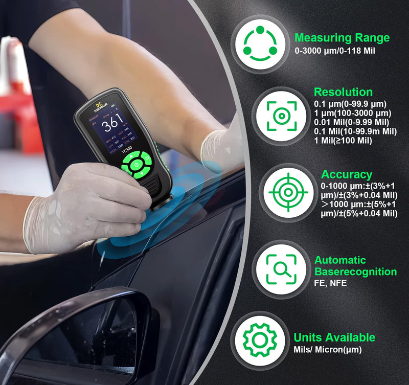 Paint Thickness Gauge for Used Car Buyers, 3000μm Ultra-Range Digital Paint Depth Gauge with 0.01mil High Resolution & Alarm, Automotive Car Paint Detector (F/NF Measurement)