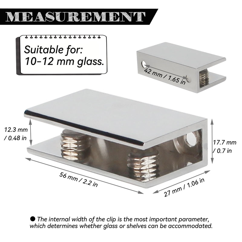 Glass Shelf Brackets Zinc Alloy Glass Clamps for 1/2 Inch（1/2inch 8pcs） | Solid zinc alloy anti-rust structure, glossy polished chrome finish, secure support for 1/2 inch thick glass shelves 1/2 inch 8pcs
