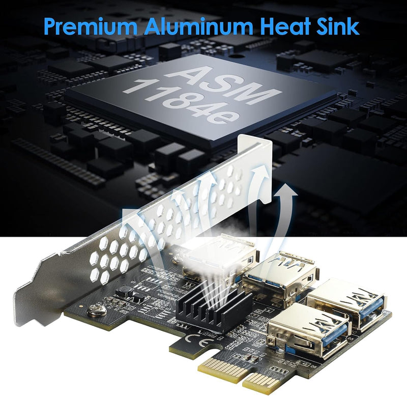 PCI-E 1 to 4 PCI-Express 16X Slots Riser Card,PCI-E 1X to External 4 PCI-E USB 3.0 Adapter Multiplier Card for Bitcoin Mining