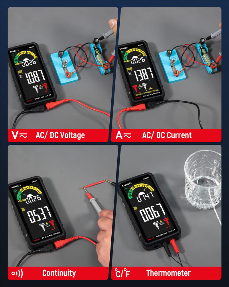 KAIWEETS Smart Multimeter Rechargeable Electrical Tester with Auto Ranging Digital Voltmeter Measures Voltage Current Resistance Continuity Capacitance Temperature Frequency NCV 6000 Counts TRMS Black KM602 Full-Screen Smart Multimeter