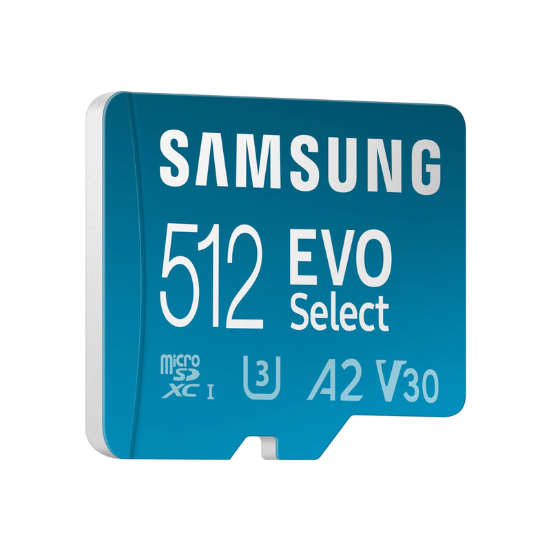 SAMSUNG EVO Select MicroSD Memory Card + Adapter, 512GB microSDXC, Speeds Up to 160 MB/s, UHS-I, C10, U3, V10, A2, Upgrade Storage for Phones, Tablets, Nintendo-Switch, MB-ME512SA/AM New Generation - up to 160 MB/s