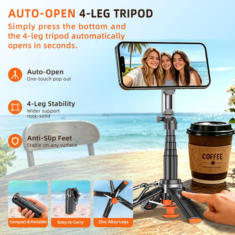 Upgrade 19" Mini Magnetic Selfie Stick Tripod for iPhone MagSafe & Android, Auto-Open Pocket Size Phone Tripod with Remote, 360° Rotatable Portable Selfie Stick for Video Recording & Travel