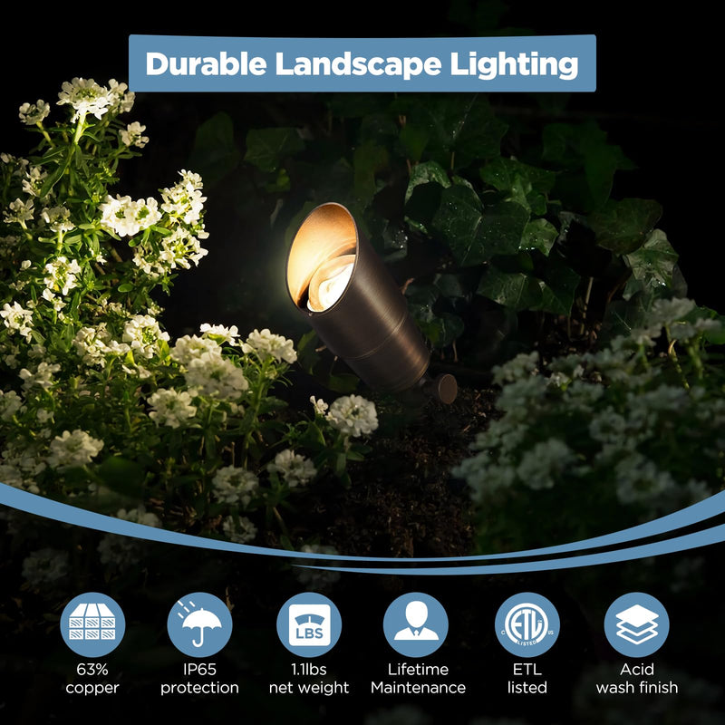 Gardencoin Solid Brass Outdoor Landscape Spotlight, 12V Low Voltage LED Spot Light Waterproof for Garden and Yard Uplighting, Bronze Heavy Duty Accent Lighting Fixture with 2700K Bulb, Single 1 pack (Bulb included)
