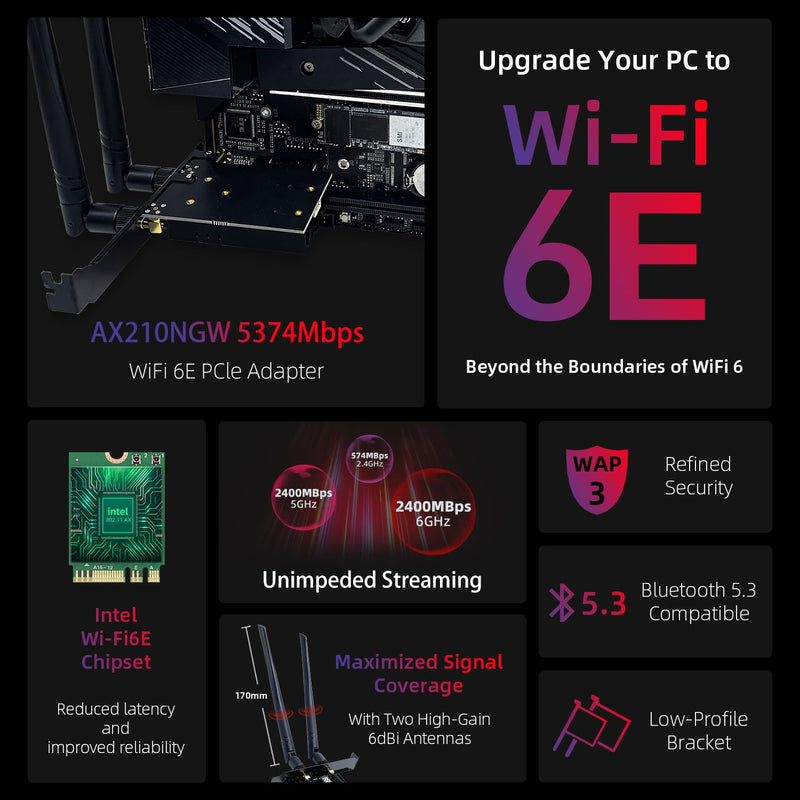 WiFi 6E AXE5400 PCIe WiFi Card Intel AX210 Chipset with Bluetooth 5.3 Adapter Tri-Band 2.4G/5G/6GHz 5374Mbps PCI Express Wireless Network Card for Desktop PC Windows 10/11 (Black) AXE5400(Black)