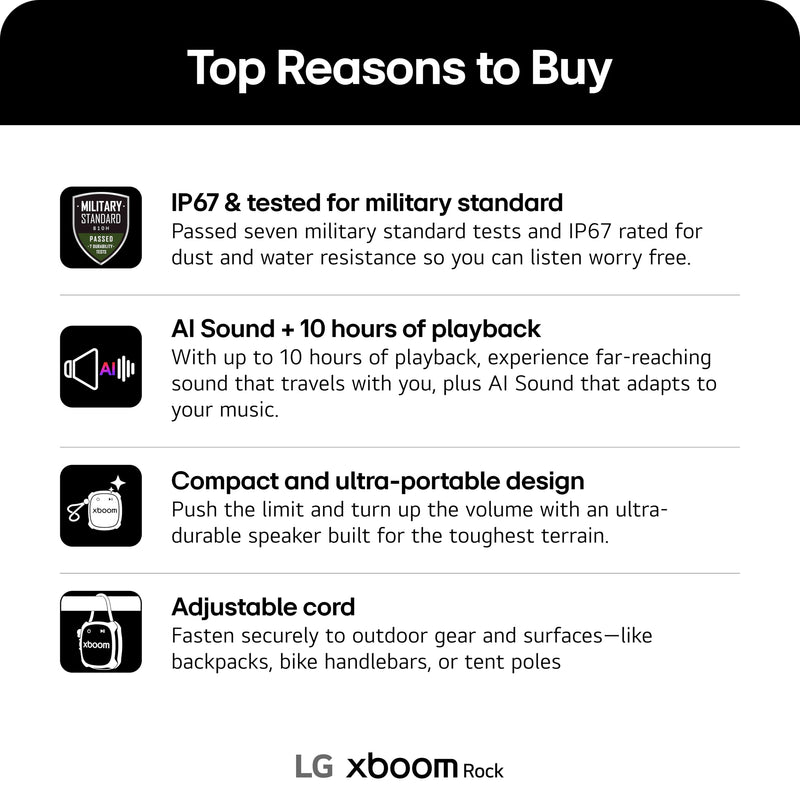 LG xboom Rock by will.i.am, Portable Outdoor Bluetooth Speaker, up to 10 Hours, IP67 Dust and Water Resistant, Adjustable Mounting Cord, Black