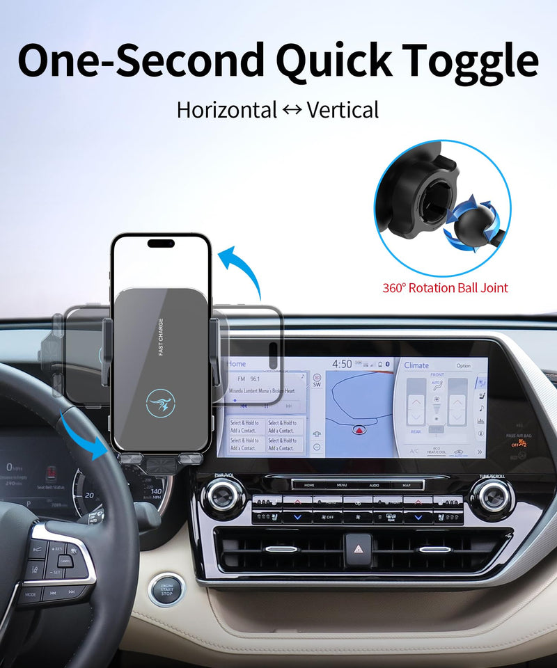 Wireless Charger Car Phone Holder for Toyota Highlander/Hybrid 2020-2026 | 8/12.3" Screen, Auto Clamp Cell Phone Mount Accessories 15W Qi Fast Charging Stand Compatible with iPhone Android, GPS Cradle