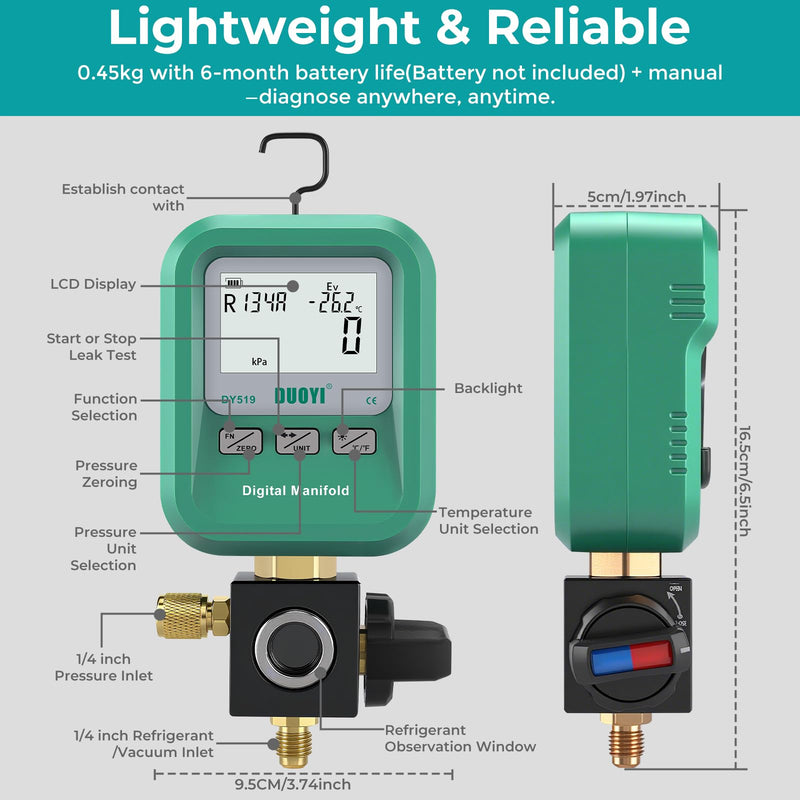 DUOYI DY519 3-in-1 HVAC Digital Manifold Vacuum Gauge Refrigerant Charging, Vacuum Testing & Leak Detection 24 Refrigerant NIST Compatible High Precision Pressure Meter for AC Pros & DIYers