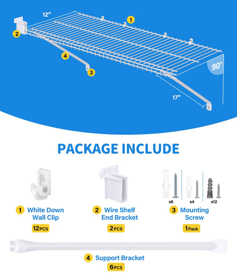 6 Pack 12 Inch Wire Shelf Brackets Set, Closet Maid Support Brackets with Anchors and Screws, Wire Closet Shelving Accessories with 12 PCS Wire Shelf Clips for Wardrobe and Wall Bracket