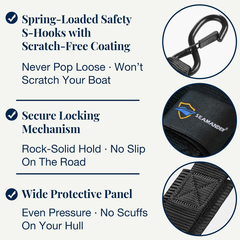 Seamander Boat Tie Down Straps to Trailer - Marine Grade Adjustable Boat Trailer Straps for Boat, Jet Ski, & More with Safety Clips 2 Inch x 48 Inch Black(Safety Clips) 2"W*48"L