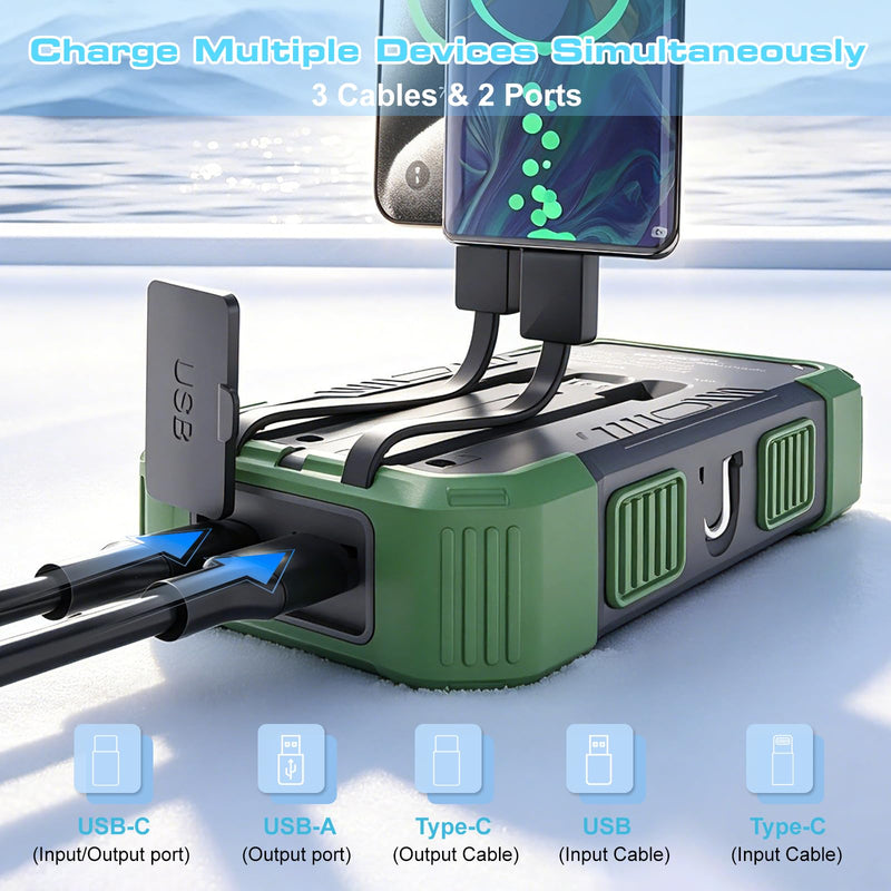 Solar Charger Power Bank 20000mAh, 22.5W Fast Charging Portable Charger with Built-in Cables, USB-C Battery Pack, Dual LED Flashlight, Compatible with iPhone & Android for Camping, Hiking, Emergency Green