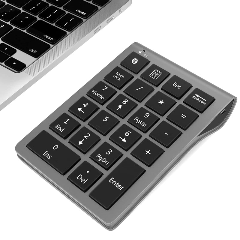 Foloda Wireless Bluetooth Number Pad: 22 Keys Wired Numeric Keypad, Rechargeable Financial Accounting 10 Keys Number Extensions USB-C Numpad for MacBook Pro Air, Laptop Desktop PC, Surface Pro Grey