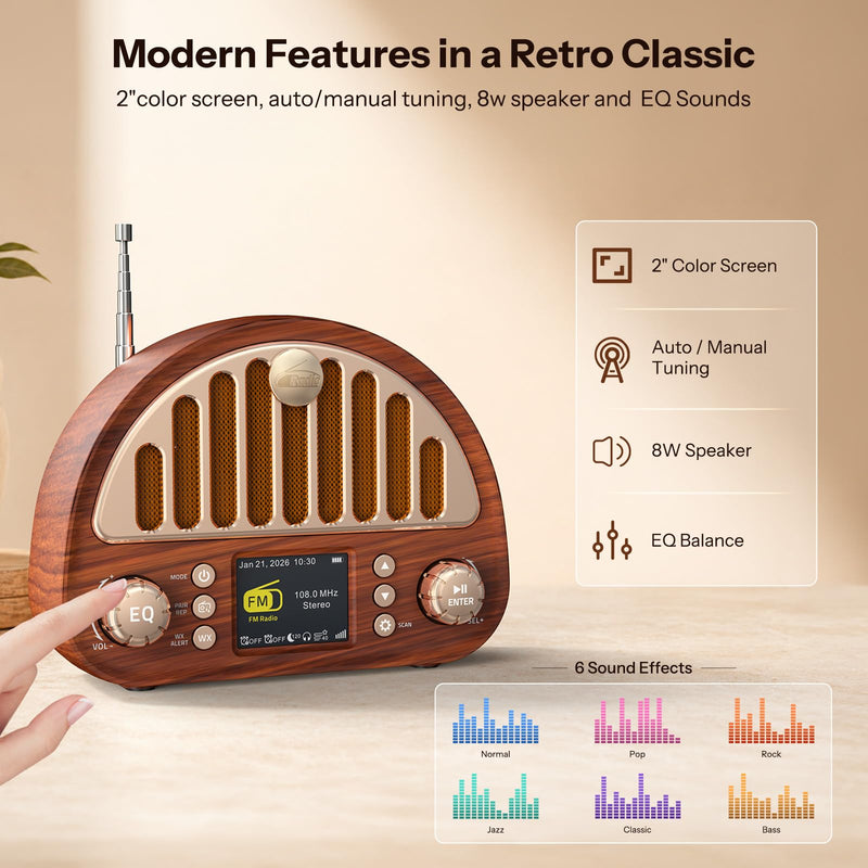 Retro FM Radio with Bluetooth Speaker & NOAA Weather Alert | 40 FM Presets + 7 Weather Bands, 2" Color Display, Dual Alarm, Rechargeable Battery, MicroSD Playback for Home & Office