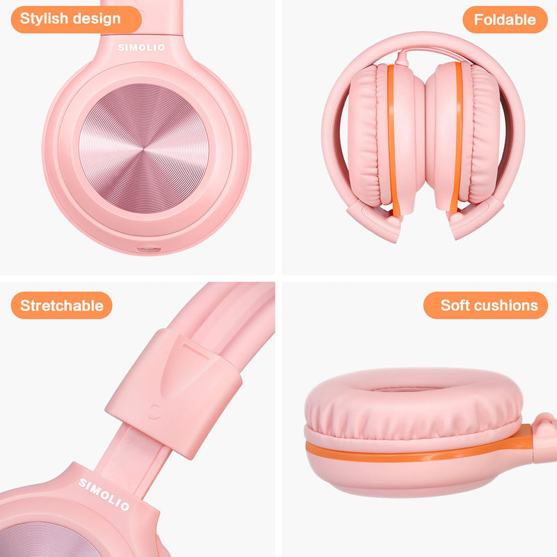 SIMOLIO Manyshare Kid Wired Headphones with Mic for School,USB-C &3.5mm | Over Ear Foldable Headset with Stereo Sound & HD Mic & Share Port, Noise Cancelling w/Pouch for Travel, iPhone,iPad,Tablet,PC Barbie Pink