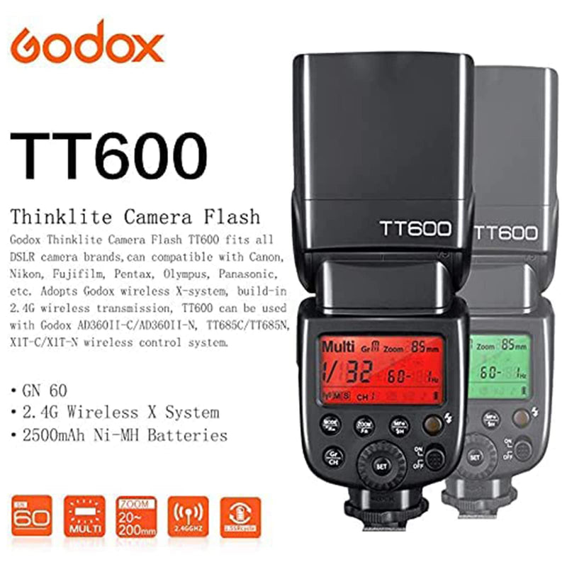 Godox TT600 2.4G Flash Speedlite for Canon Nikon Pentax Olympus Fujifilm Panasonic Pentax Cameras | GodoxTT600 2.4G Wireless Flash Speedlite Master/Slave GN60 Manual Flash, HSS Built-in Godox X Trigger System