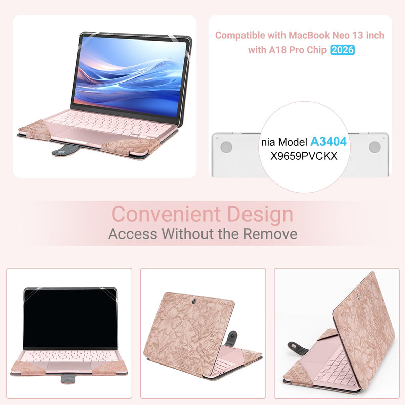 MOSISO PU Leather Hard Shell Case Compatible with MacBook Neo Case 13 inch | 2026 Release Model A3404 with A18 Pro Chip, Embossed Retro Hibiscus PU Leather Portfolio Protective Stand Cover, Pink