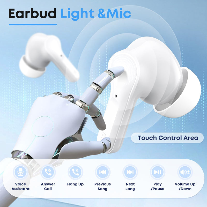 Wireless Earbuds Bluetooth 5.4 Headphones, Noise Cancelling Mic Ear Buds with 50H Playback, LED Digital Display, IPX7 Waterproof Earphones for Office/Running/Workout White
