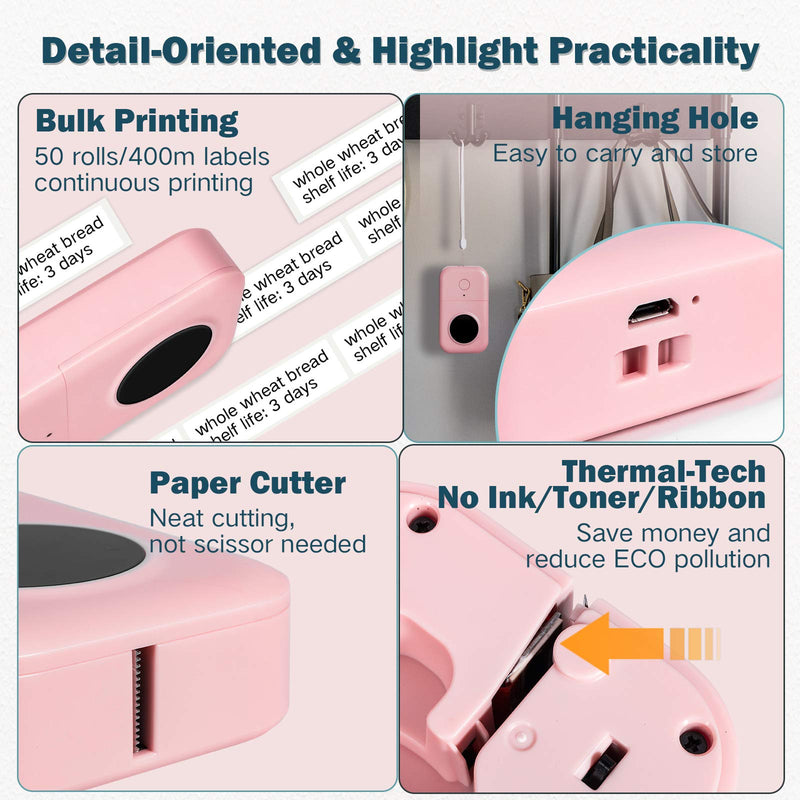 Mini Label Maker - D30 Thermal Bluetooth Label Printer, Mini Rechargeable Label Maker Machine, Portable Sticker Maker Printer, with Label x 3, Compatible with iOS Android for Home Office,Pink Pink 1 Printer + 3 Rolls Label