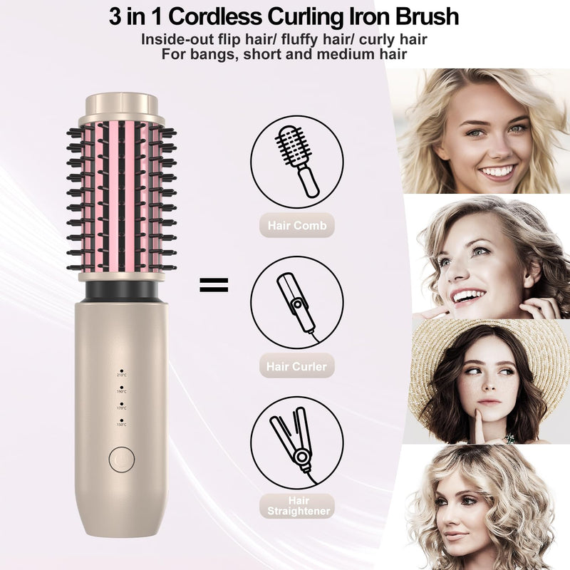 3 in 1 Cordless Hair Styler for Curling & Straightening, 40MM Thermal Brush Curling Wand with 4 Temperature Adjustable, Portable Travel Hot Brushes for Hair Styling Gold