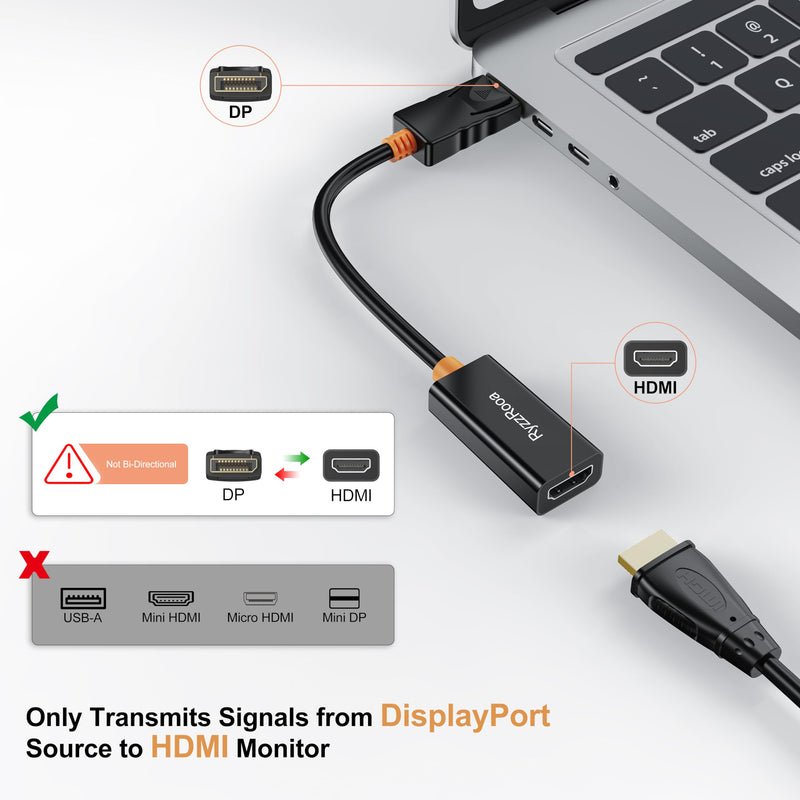 4K DisplayPort to HDMI Adapter, 5-Pack, Gold-Plated, Male/Female | Gold-plated connectors for reliable 4K. Uni-directional DP to HDMI. Works with PC, laptop, monitor, projector. Black