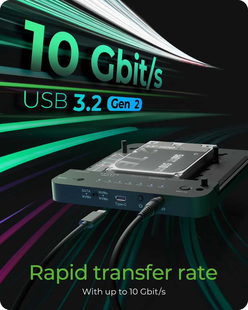ICY BOX M.2 NVMe & SATA SSD/HDD Docking Station, USB-C 3.2 Gen 2 (10 Gbps) Hard Drive Clone Station & Reader Dual Bay for M.2 NVMe/SATA + 2.5”/3.5” SSD & HDD Converter, Offline Cloning, Tool-Free