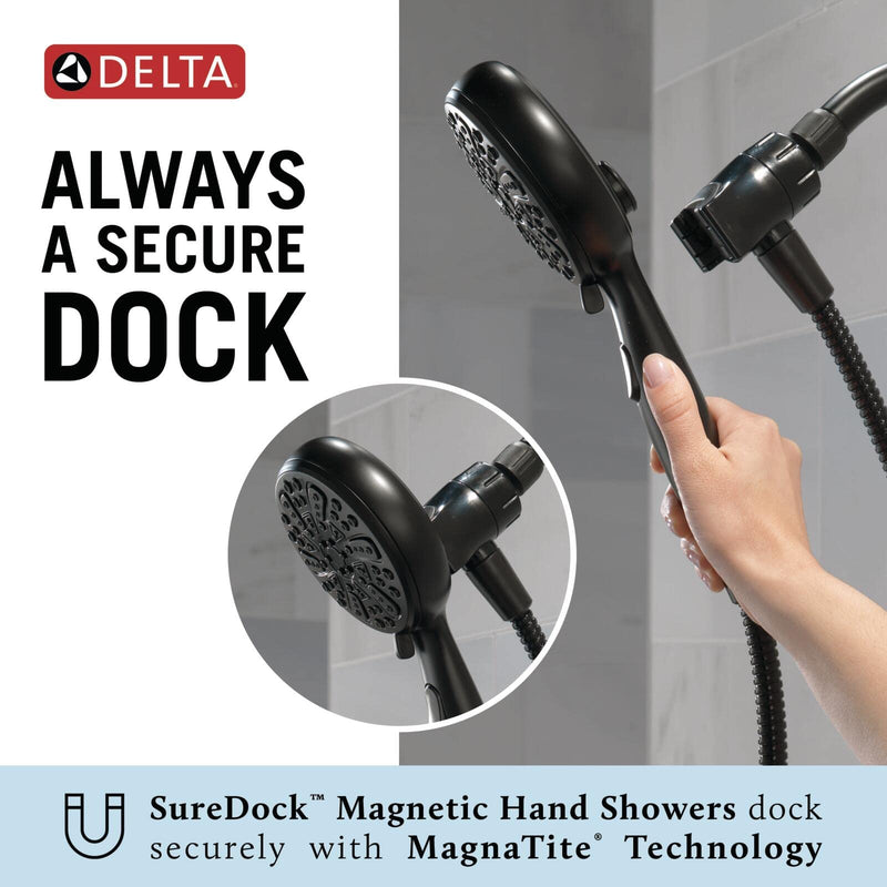 Delta Faucet 6-Spray SureDock Magnetic Shower Head with Handheld Spray, Matte Black Shower Head with Hose, Showerheads & Handheld Showers, MagnaTite Docking, Matte Black 75609BL