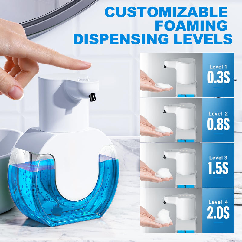 Automatic Foaming Soap Dispenser 15oz/420ml Foaming Hand Sanitizer Touchless Wall Mount with 4levels Adjustable Free Touch Electric Soap Dispenser Rechargeable with Sensor White Foam