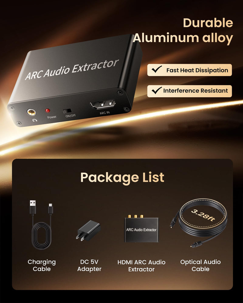 HDMI ARC Audio Extractor 4K@60Hz, 192KHz HDMI ARC Audio Adapter Converter Splitter to Optical TOSLINK SPDIF + RCA L/R+ Coaxial and Analog 3.5mm Stereo for Soundbar HDTV Speaker Amplifier Headphones Black