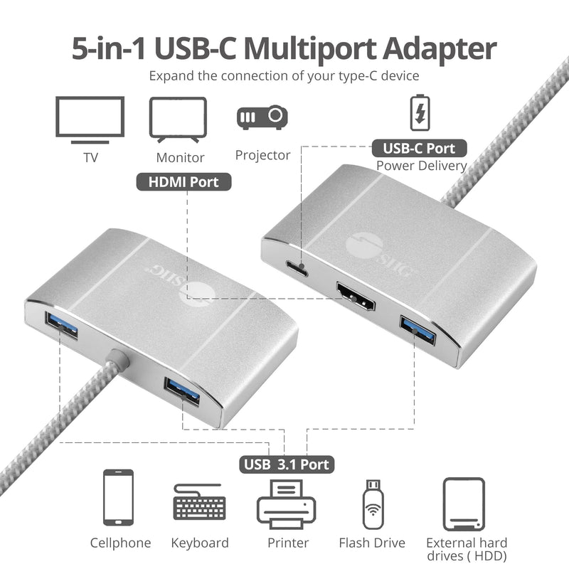 SIIG USB-C Hub with 4K 30hz HDMI, 85W Laptop Charging, and 3X USB 3.1 Gen 1 Type A Ports - 5-in-1 Video Adapter Docking Station - for MacBook Pro, Surface Pro 6/7 and USB-C Laptops (JU-H30612-S2) Type-C to HDMI/85W PD/USB 3.1