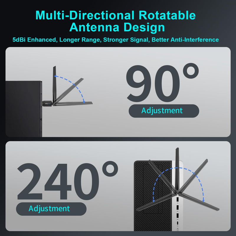 100-150M Long Range Bluetooth 5.4 Adapter for PC, Wireless USB Dongle w/ 5dBi Antenna for Laptop Desktop Windows 11 10 8.1 7, Plug n Play Bluetooth Headphones Headset Speaker Mouse Keyboard Printer