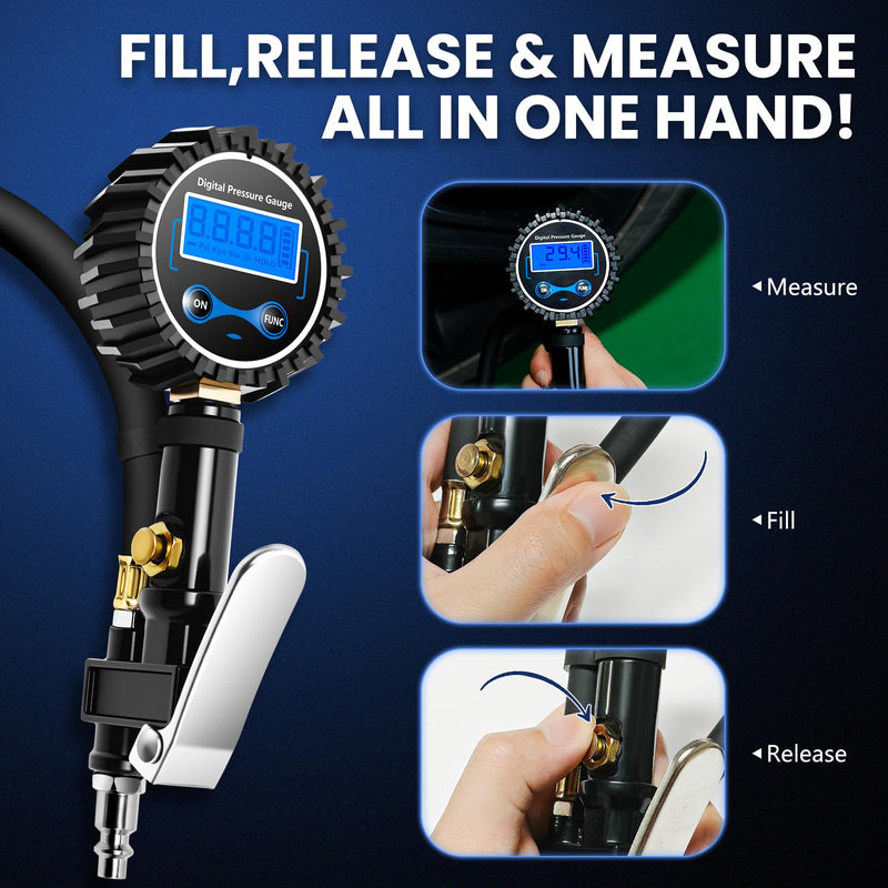 Digital Tire Gauge with Inflator & Deflator - LED Display & 0.1 PSI Resolution - Quick Release Valve & Heavy Duty Chuck - w/Adapter for Car, Truck, SUV, Motorcycle, RV, Balls