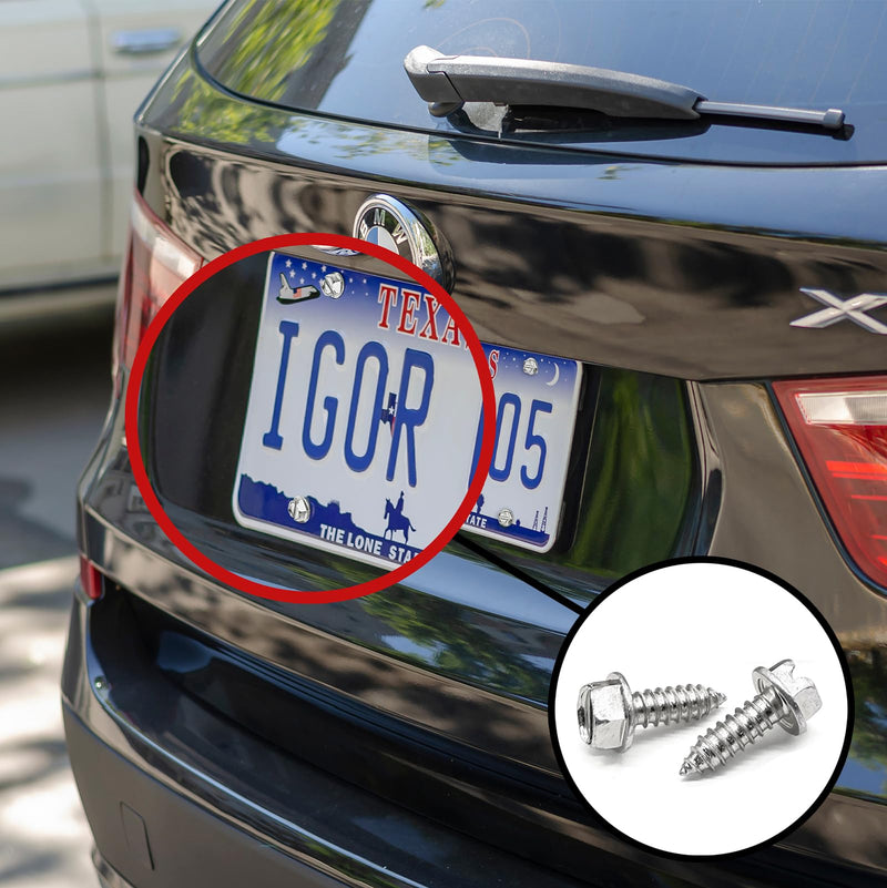 100 Pack License Plate Screws for Front and Back License Plates and License Plate Frames and Covers on Cars, Trucks, SUVs-Rust Resistant #14x3/4 Slotted Hex Washer Self Tapping Screws Stainless Steel 100 Pack