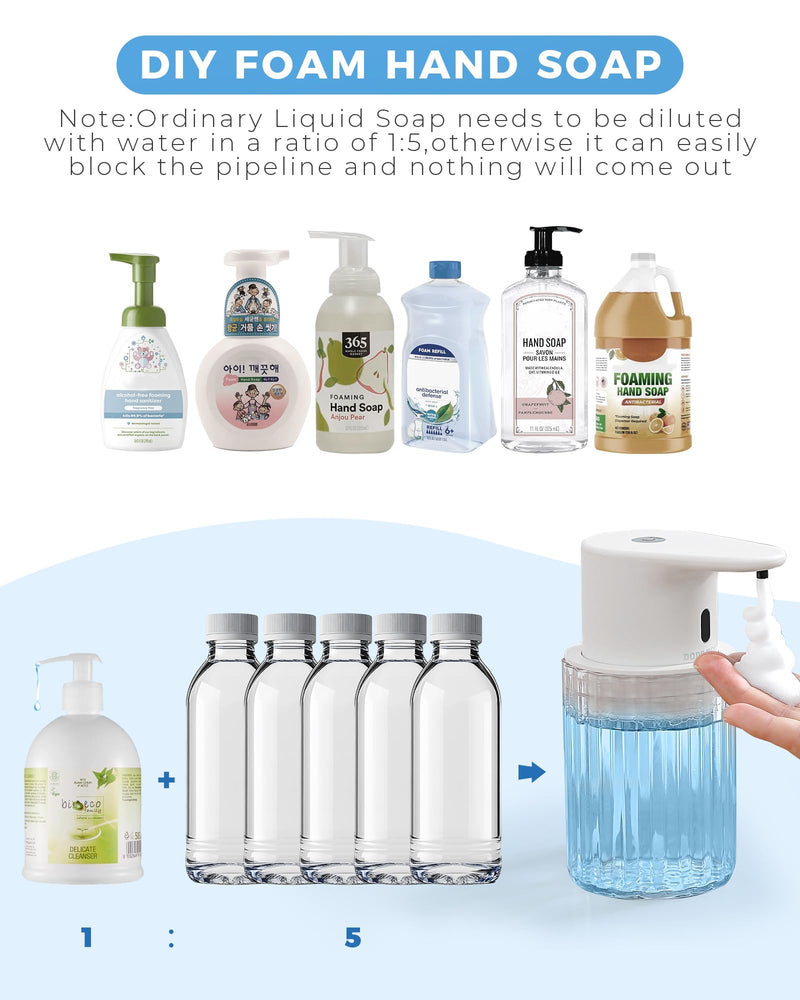 Automatic Foaming Soap Dispenser Touchless, 10oz/300ml Rechargeable, 3 Adjustable Foam Levels, IPX7 Waterproof, for Kitchen Bathroom, White