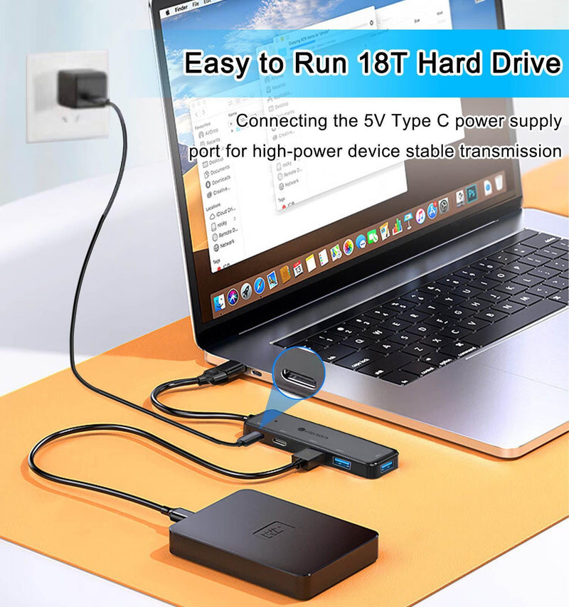 VIENON USB 3.0 Hub (5 in 1), USB C Hub, USB C to USB 3.0 Hub Adapter with USB C Power/Data Ports, USB Extender USB A&C Docking Station for Laptop PC MacBook Dell, HP, PS4/5, SSD and More