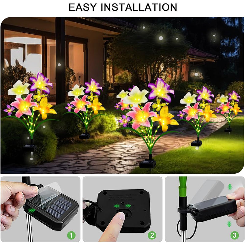 Solar Garden Lights 4 Pack LEDs Solar Lilies Flower Lights, Yard Patio Pathway Decoration High Flexibility Copper Wire Handmade Silk Artificial Flowers Never Wither, Gift for Family Friends