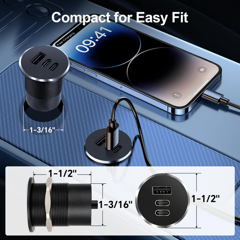 78W 12V USB Outlet with Silver Ring, Aluminum Car USB C Socket | PD3.0 & QC3.0, 3 Port Fast Charging, Mulit-Protection, No Backlight, Low Standby Power, For RV, Boat, Caravan, Camper Trailer 2Pcs