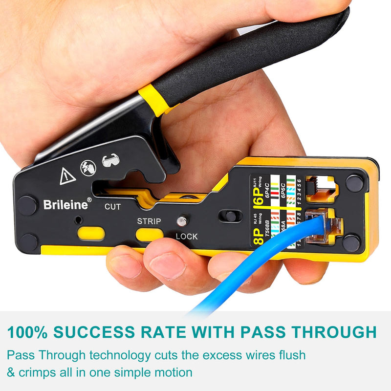 Brileine RJ45 Crimp Tool Pass Through Kit Ethernet Crimper Cat5 Cat5e Cat6 Crimping Tool for RJ11/RJ12 6P/8P with Network Lan Cable Tester, 50PCS Cat6 Connectors, 50PCS Boots, Mini Cable Stripper Crimper Kit-Yellow