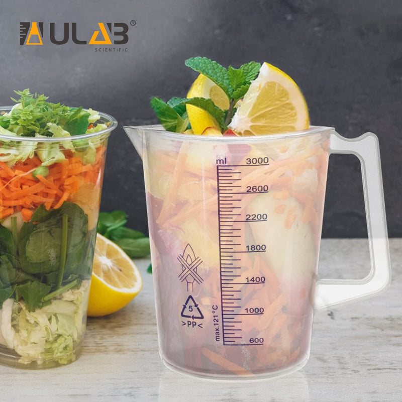 ULAB Scientific Beakers, Plastic Beakers with Handle, Printed Graduation in Blue, Vol. 3000ml(101oz), UBP1019 Vol.3000ml with handle,blue printed graduation