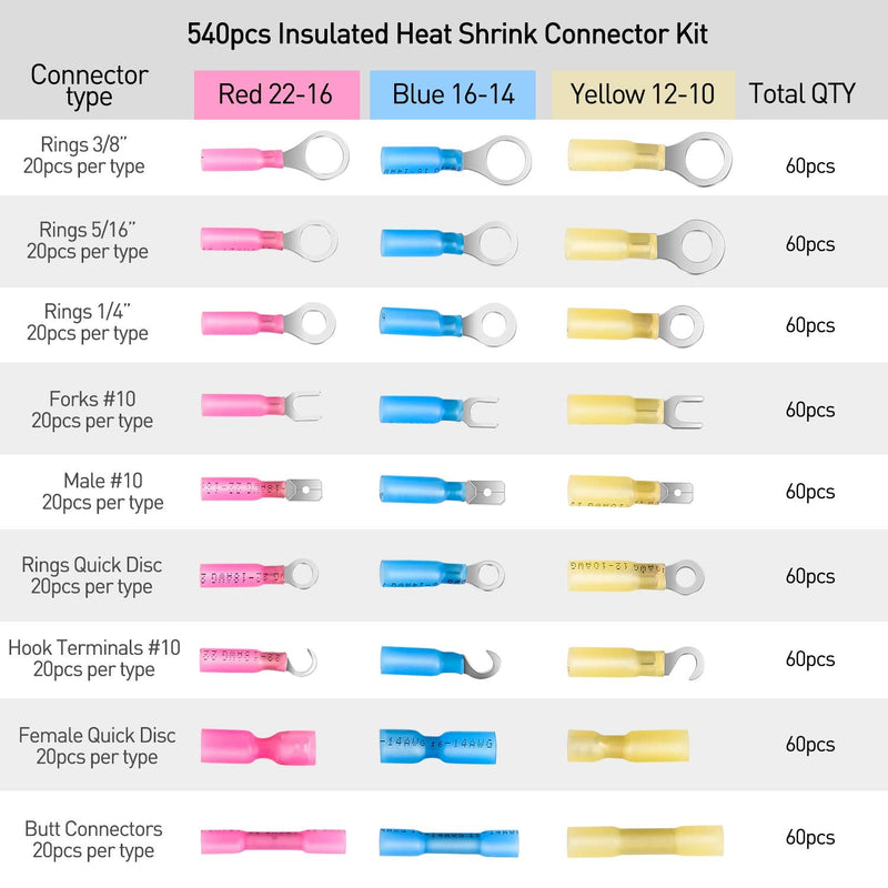Nilight 540 PCS Heat Shrink Wire Connectors Waterproof Automotive Marine Electrical Terminals Kit Ring Fork Hook Spade Butt Splices 540Pcs Mixed Heat Shrink Terminals