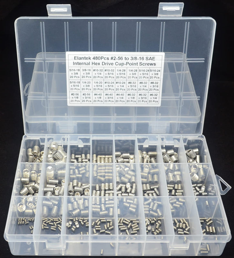24 Kinds #2-56 to 3/8-16 SAE 304-Stainless Steel Internal Hex Drive Cup-Point Set Screws Assortment Kit