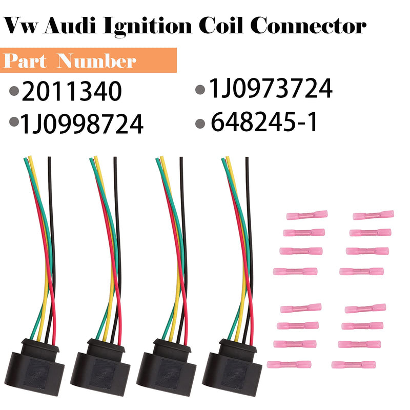 Vw Ignition Coil Connector Plug Harness Compatible with Volkswagen Vw Passat Audi A4 1.8T, 2.0T, 2.5L, 3.2L, 4.2L 4 Pack Vw Ignition Coil Harness 16pcs Heat Shrink Butt Connectors