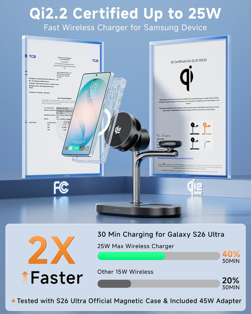 Qi2.2 25W Magnetic Wireless Charging Station for Samsung TEC Active Cooling | For Galaxy Z Fold 8 Ultra/Fold8 Wide/S26 Ultra/iPhone17, 3-in-1 Fast Charger Stand for MagSafe (Not for Watch 9/Ultra 2)