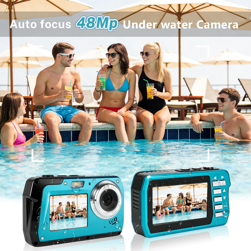 Underwater Camera 4K 48MP, Dual-Screen Waterproof Digital Camera, 10.83FT Dive for Swimming Travel, 16X Zoom Fill Light, 32GB Card, Blue