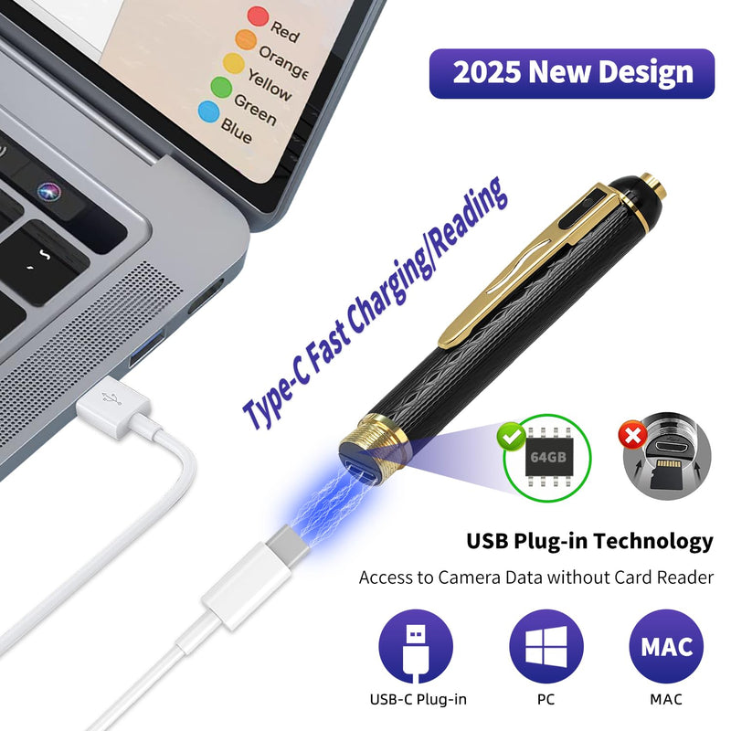 1080P Body Camera Pen, 64GB Metal Spy Pen Hidden Camera, Small Nanny Cam with 280 Minutes Battery Life for Home Indoor Security