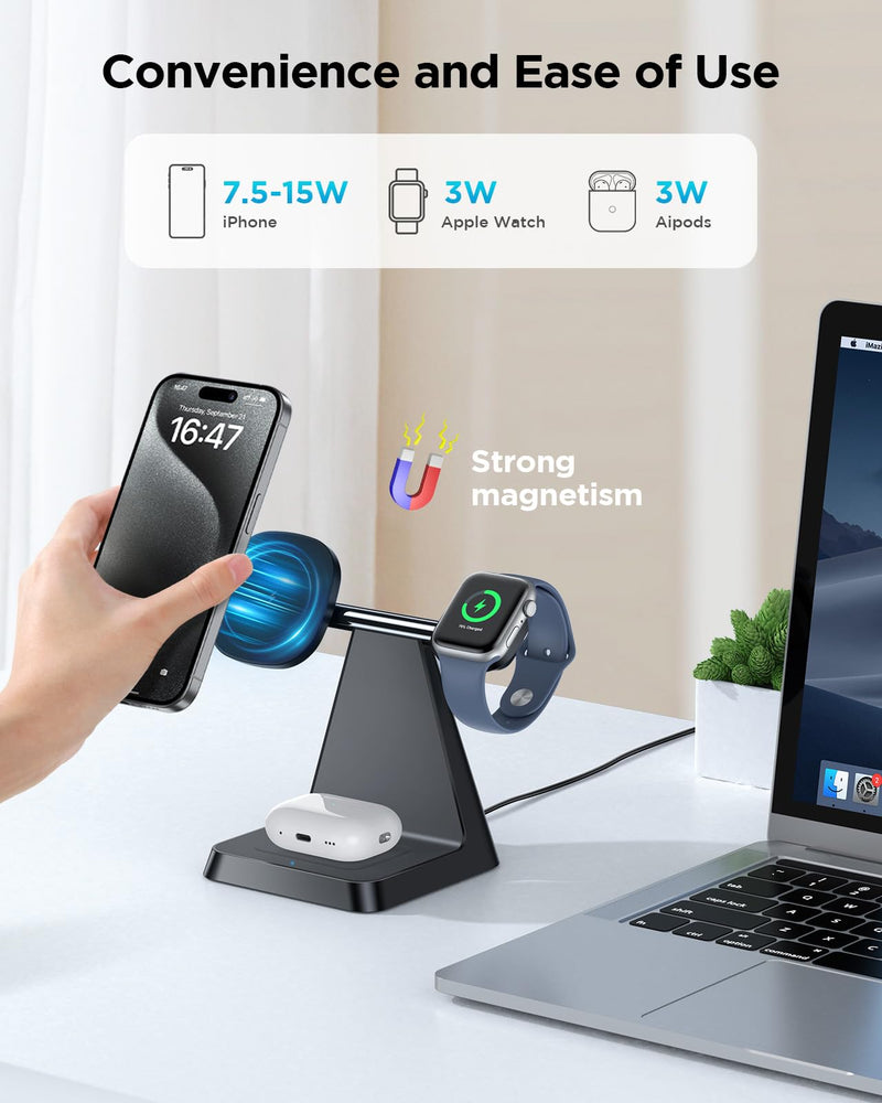 Charging Station for Multiple Devices Apple: Woruda 3 in 1 Magnetic Wireless Charger Stand for Mag Safe iPhone - Nightstand Charging Dock for iPhone 15 14 13 12 Pro Max Plus Apple Watch Airpods Black